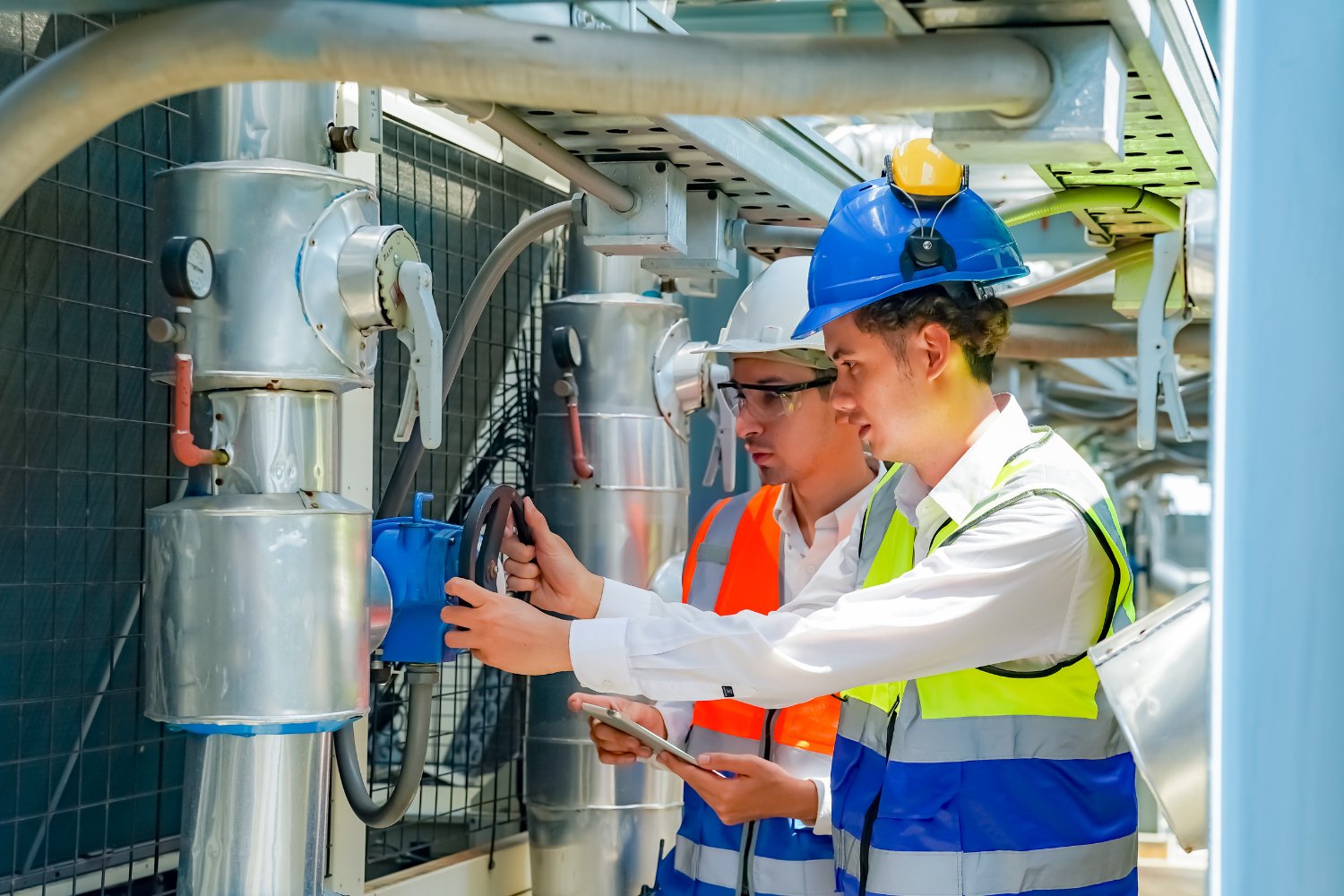 Two engineers in hard hats and hi-vis vests at insulated process piping in a new plant, one turning a valve handwheel while the other holds a tablet.