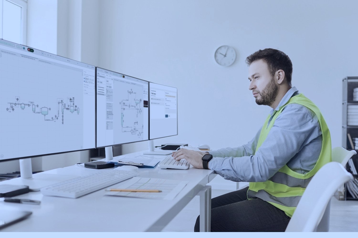An engineer in a hi-vis vest at a desk with three monitors showing Athion.