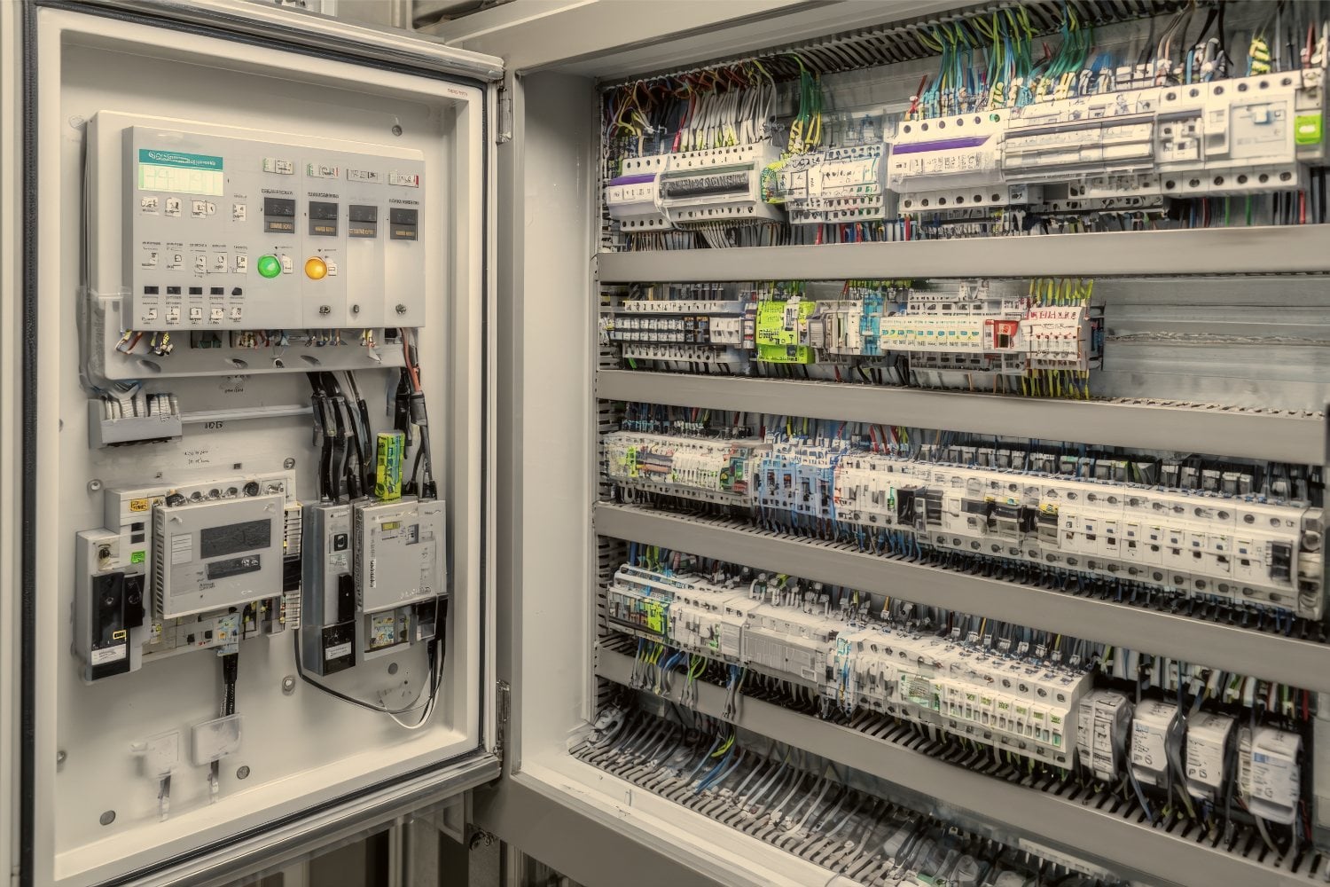 An open control cabinet full of terminal blocks, breakers and wiring.