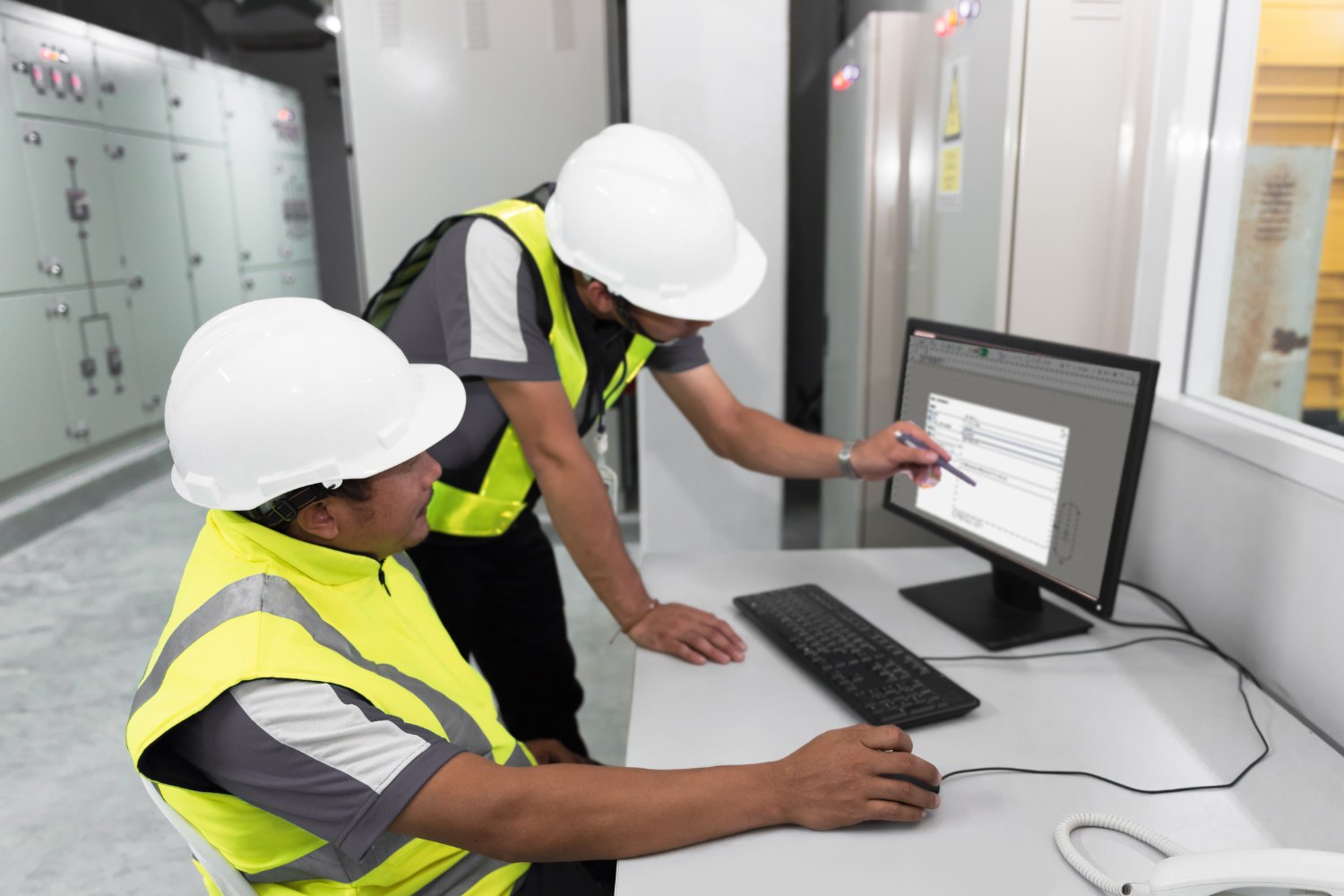 Two engineers in hard hats at a computer in an electrical room, one pointing a pen at the screen.