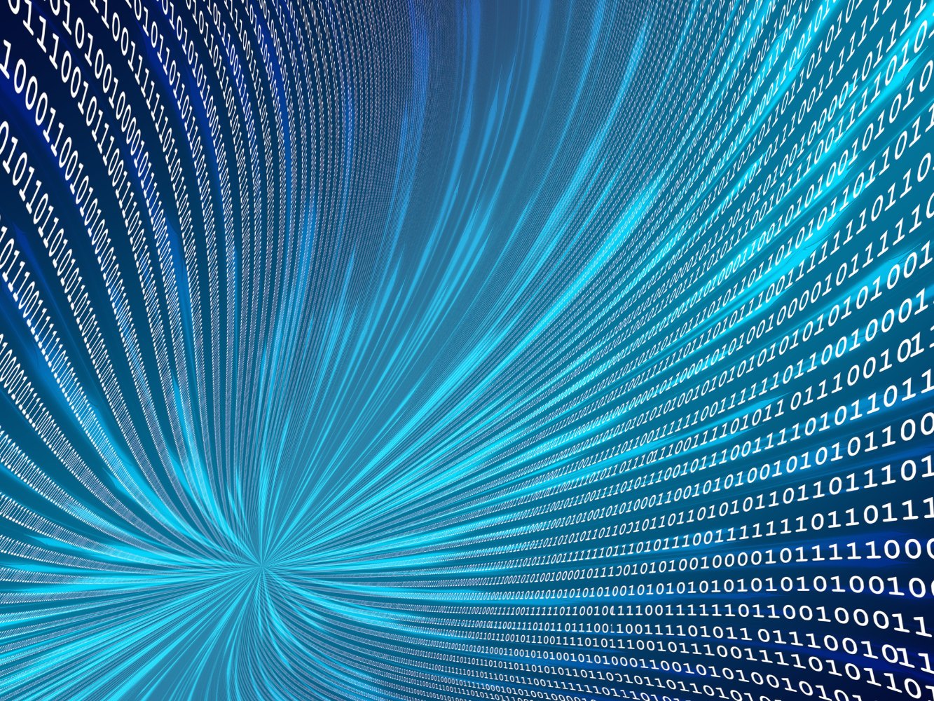 Streams of white binary digits curving into a bright blue tunnel of light.