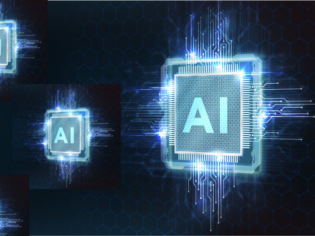 Four glowing computer chips marked AI, one large and three smaller, on a dark blue circuit background.