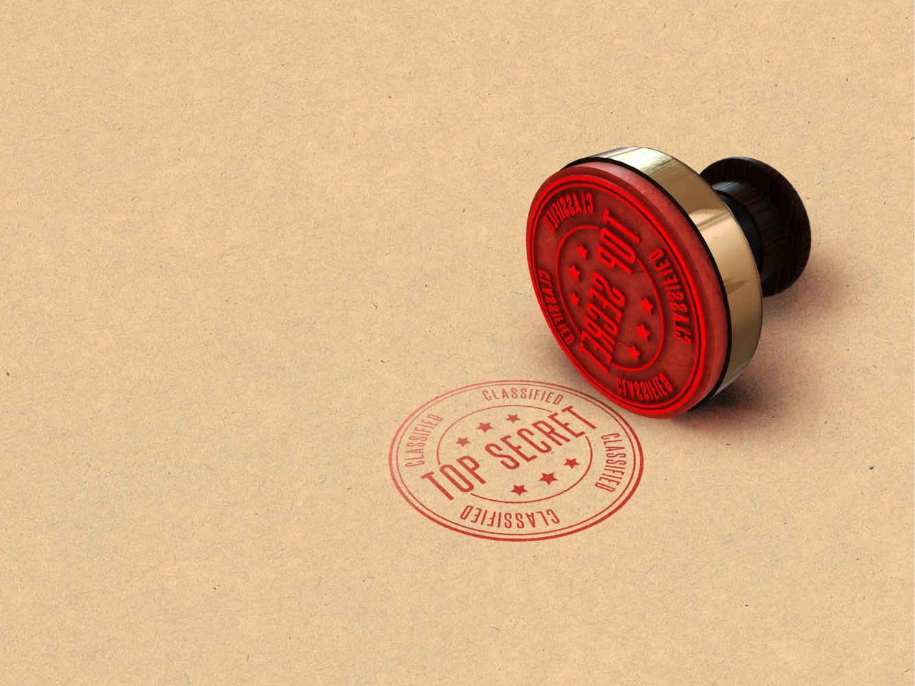 A rubber stamp reading Top Secret, Classified, beside the red mark it has just pressed into brown paper.