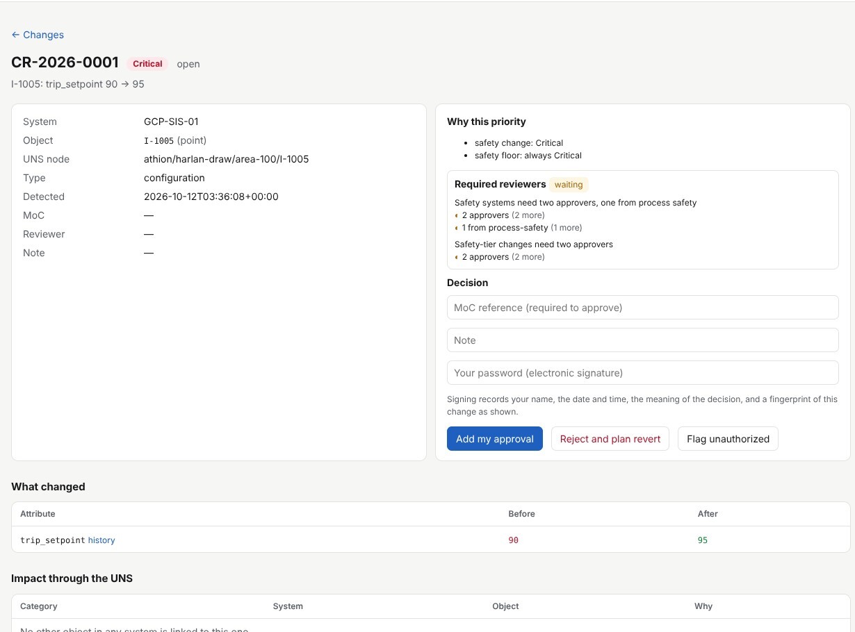 A detected change to a trip setpoint, marked critical, with the reviewers it needs and the decision form.