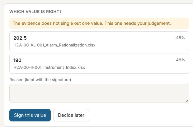 Athion Reconcile showing two documents that disagree on one alarm setpoint, each value next to the file it came from, waiting for an engineer to sign one.