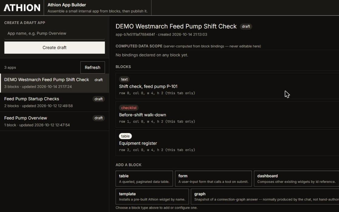 Athion App Builder with a draft app made of a text block, a checklist and an equipment table, and the block types that can be added.